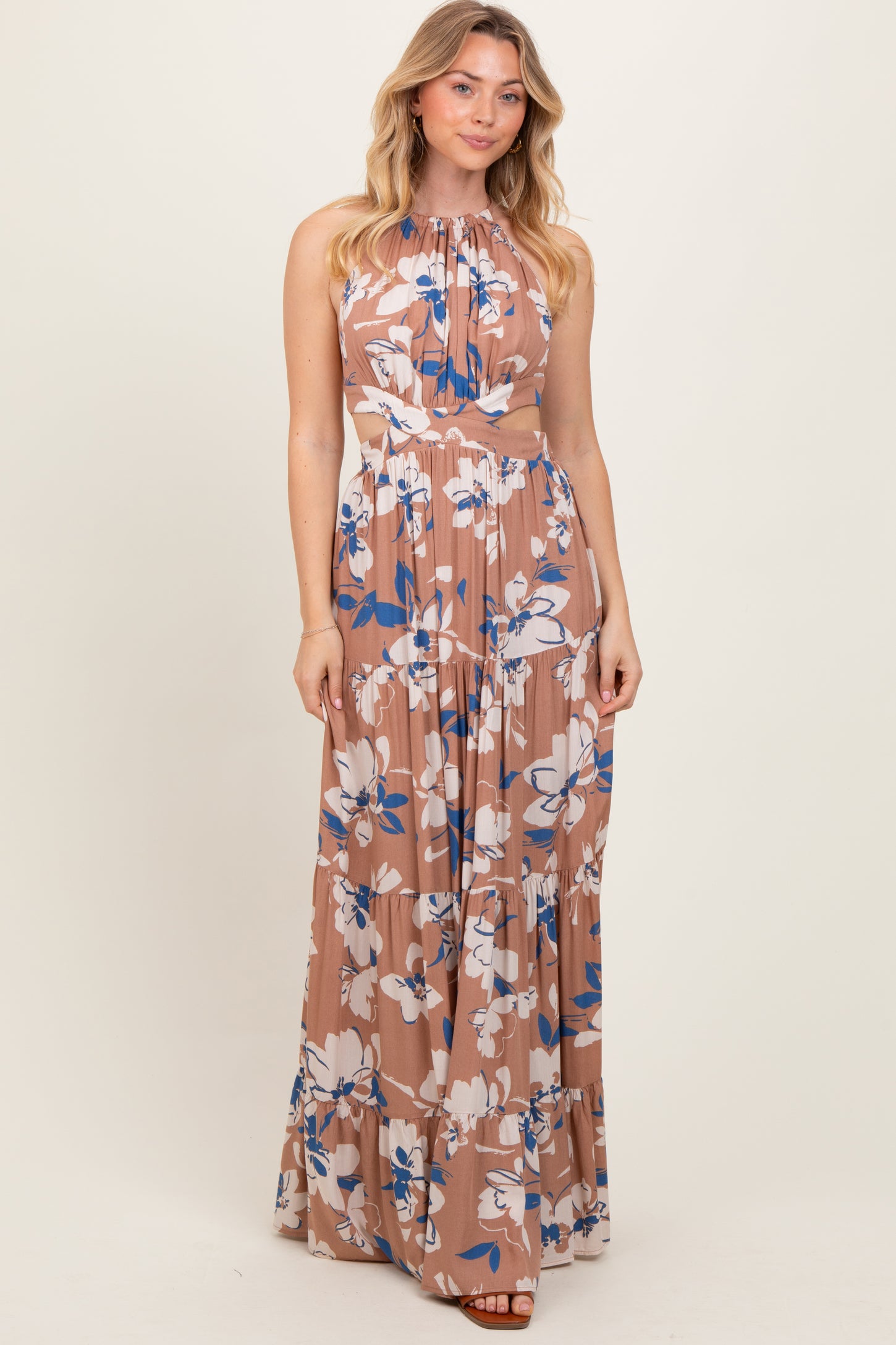 Taupe Floral Halter Side Cutout Maxi Dress