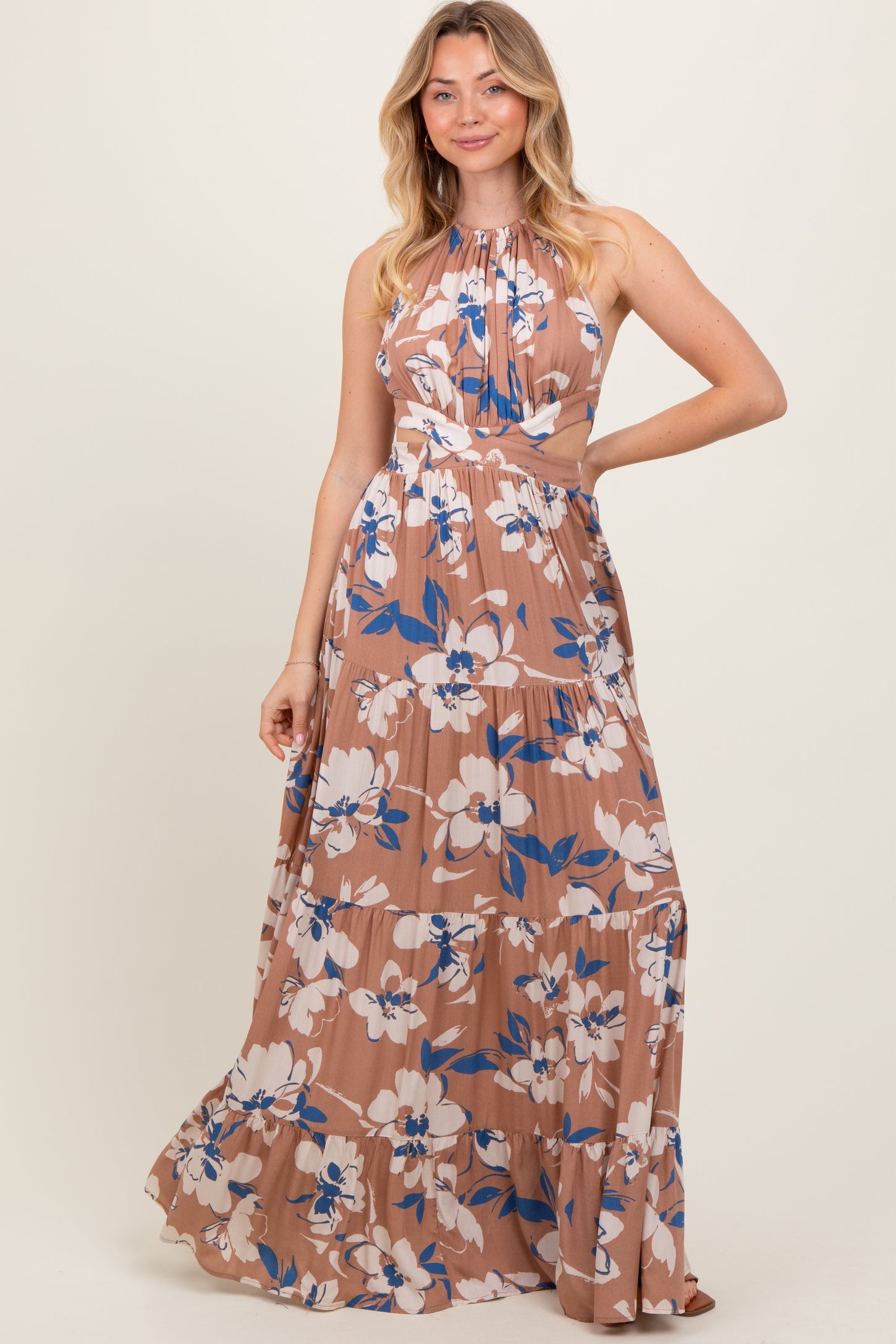 Taupe Floral Halter Side Cutout Maternity Maxi Dress
