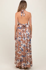 Taupe Floral Halter Side Cutout Maternity Maxi Dress