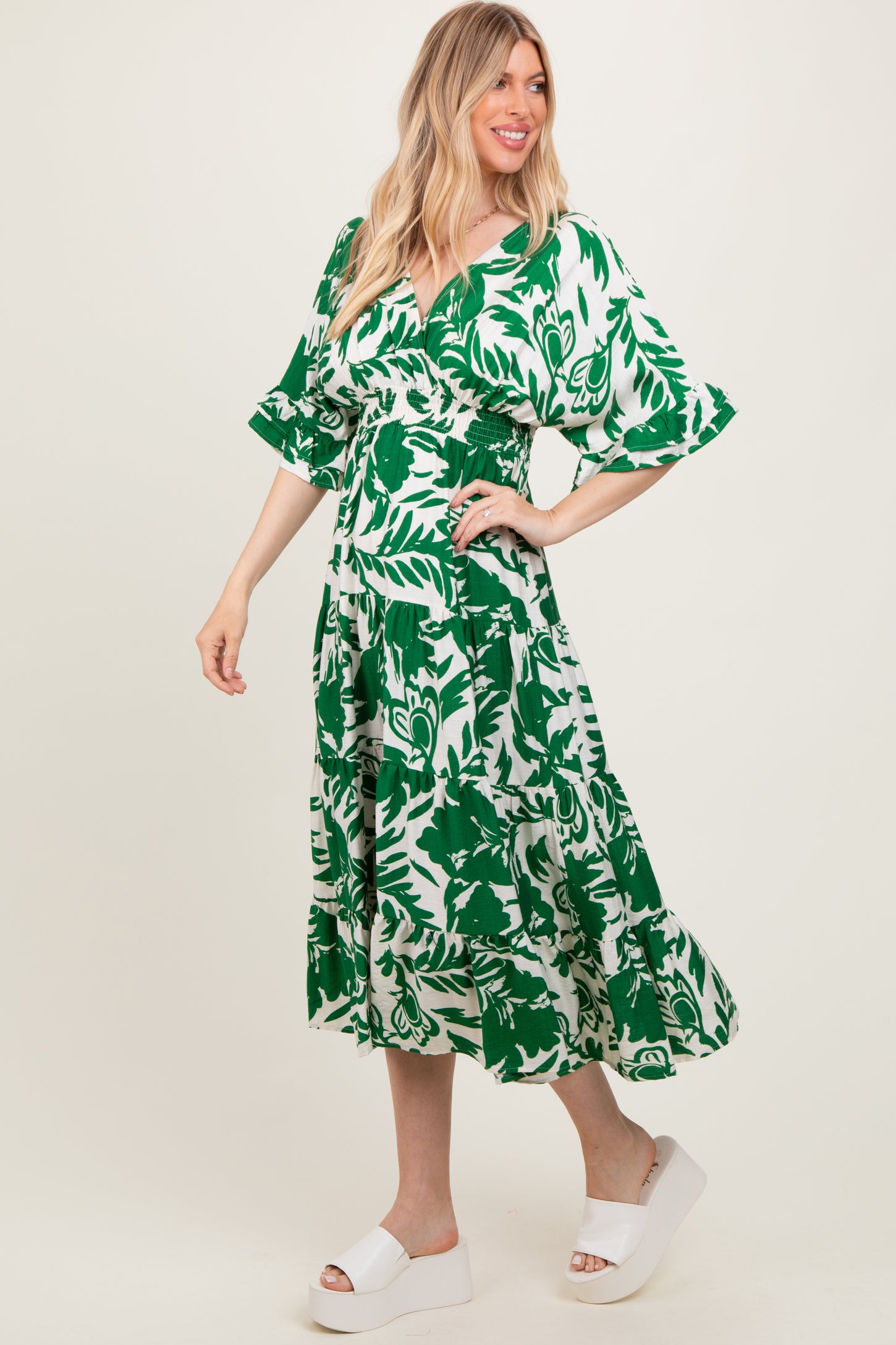 Green Abstract Floral V-Neck Tiered Midi Dress