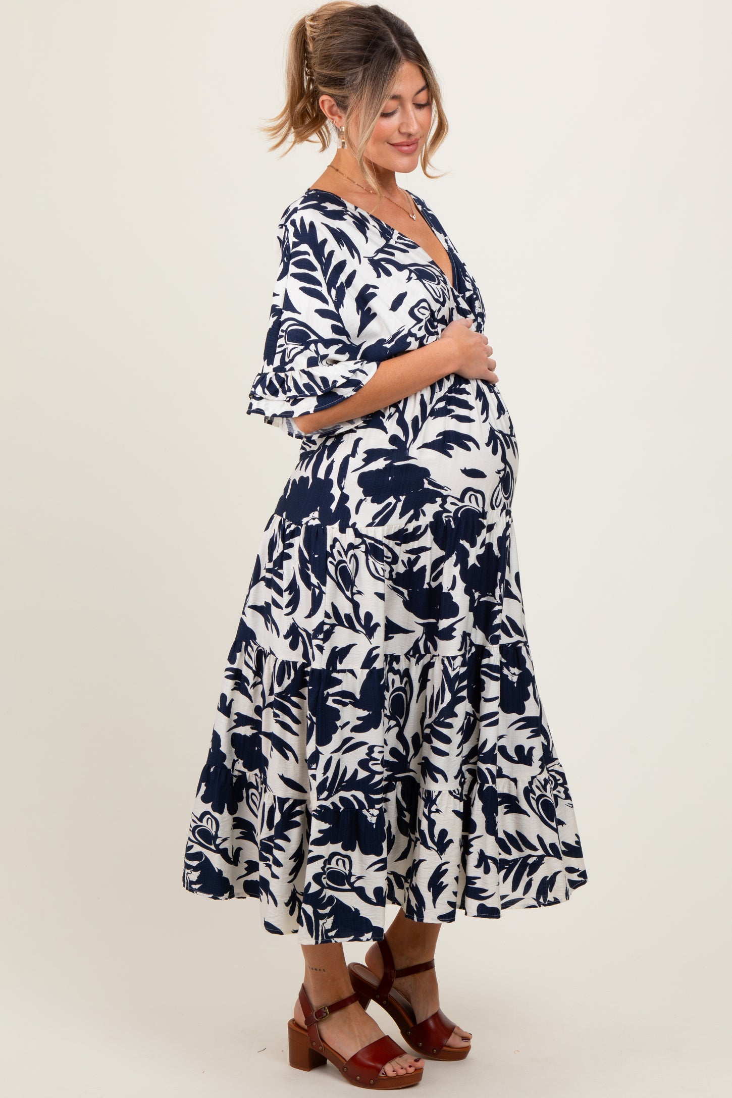 Navy Abstract Floral V-Neck Tiered Maternity Midi Dress