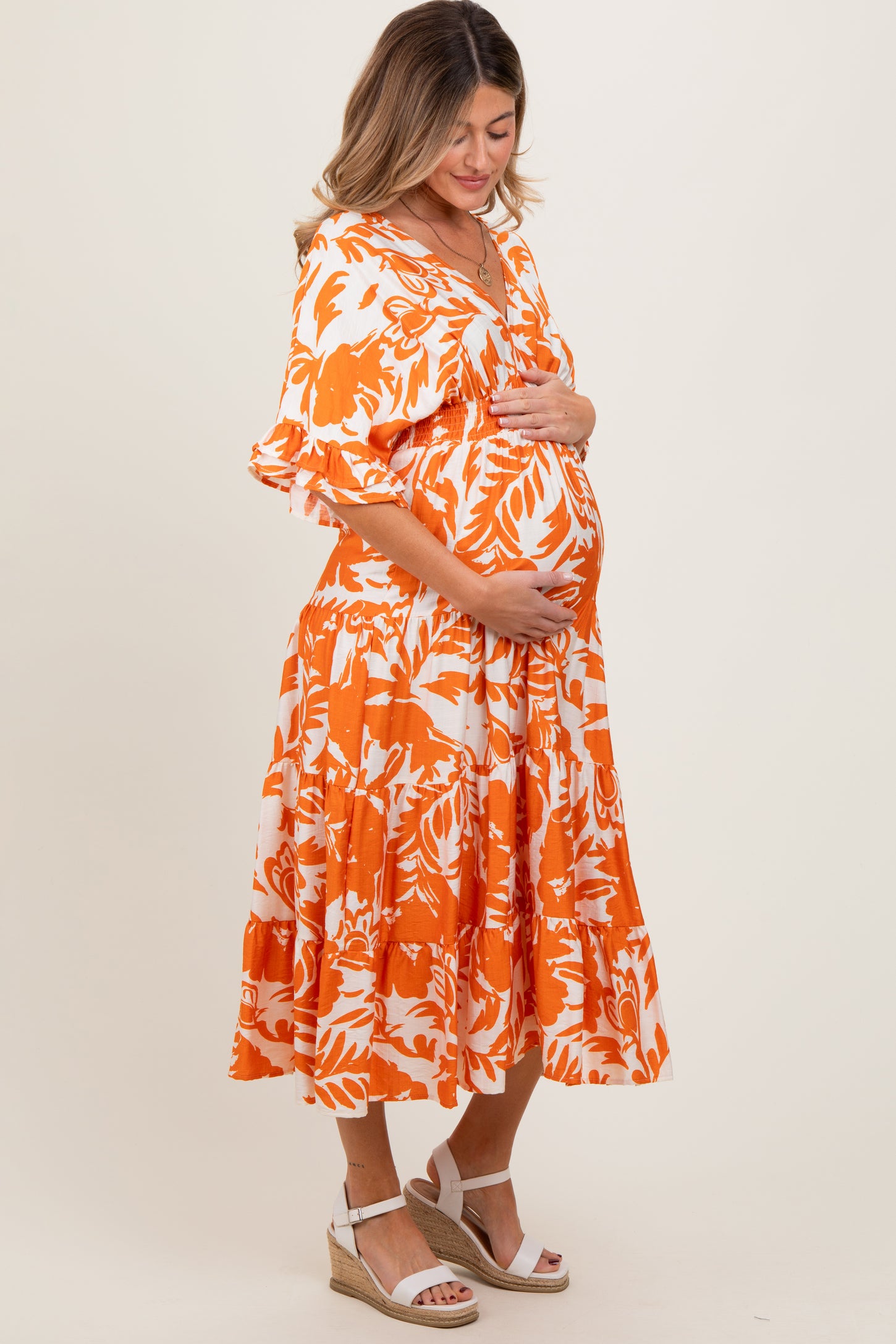 Orange Abstract Floral V-Neck Tiered Maternity Midi Dress