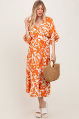 Orange Abstract Floral V-Neck Tiered Midi Dress