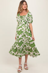 Green Floral Smocked Triple Front Tie Maternity Midi Dress