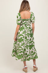 Green Floral Smocked Triple Front Tie Maternity Midi Dress