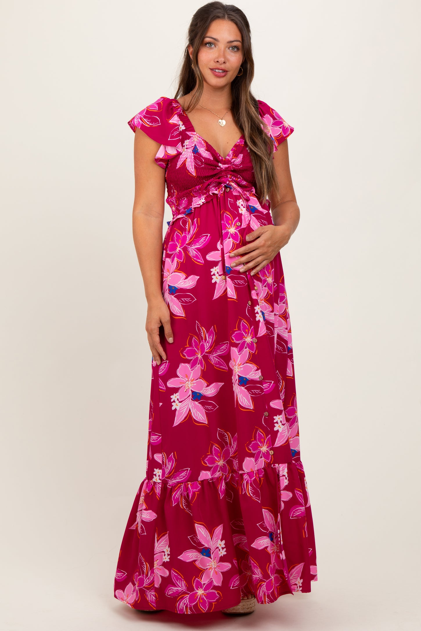 Magenta Floral Smocked Cinched Top Maternity Maxi Dress