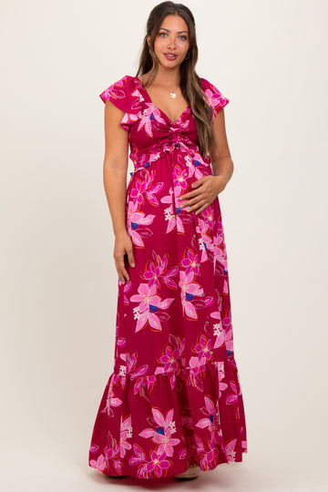 Magenta Floral Smocked Cinched Top Maternity Maxi Dress