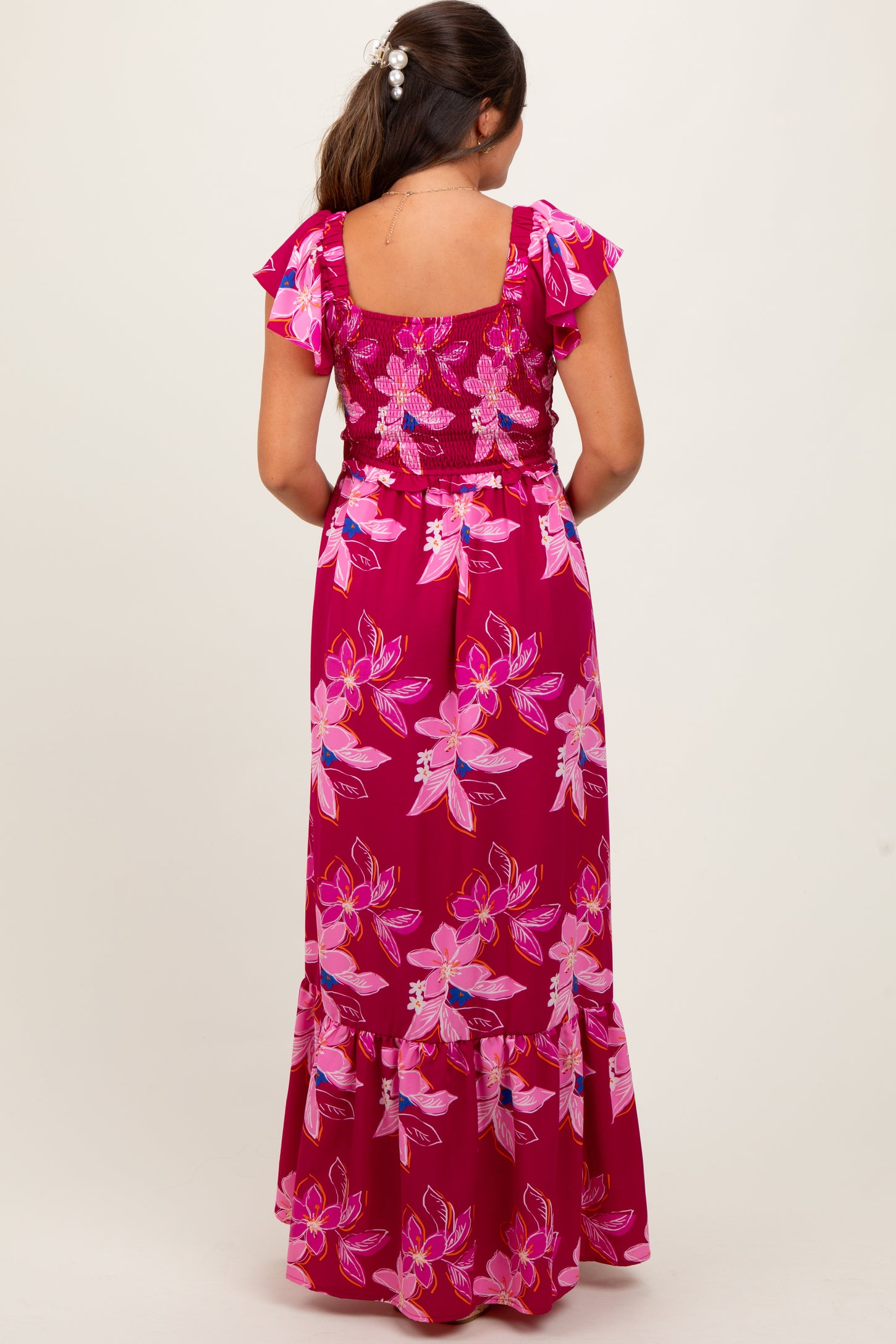 Magenta Floral Smocked Cinched Top Maternity Maxi Dress