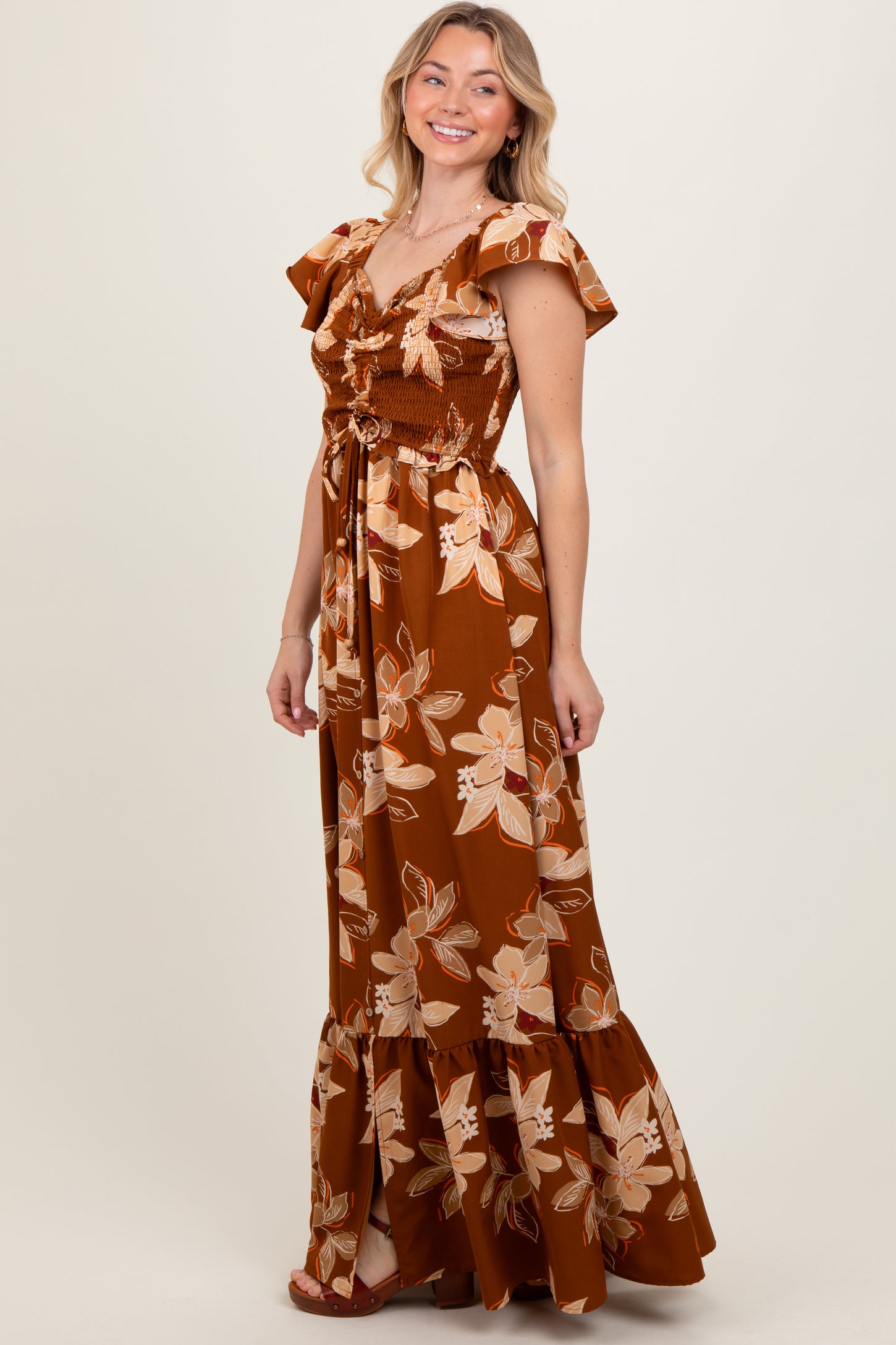 Mocha Floral Smocked Cinched Top Maxi Dress
