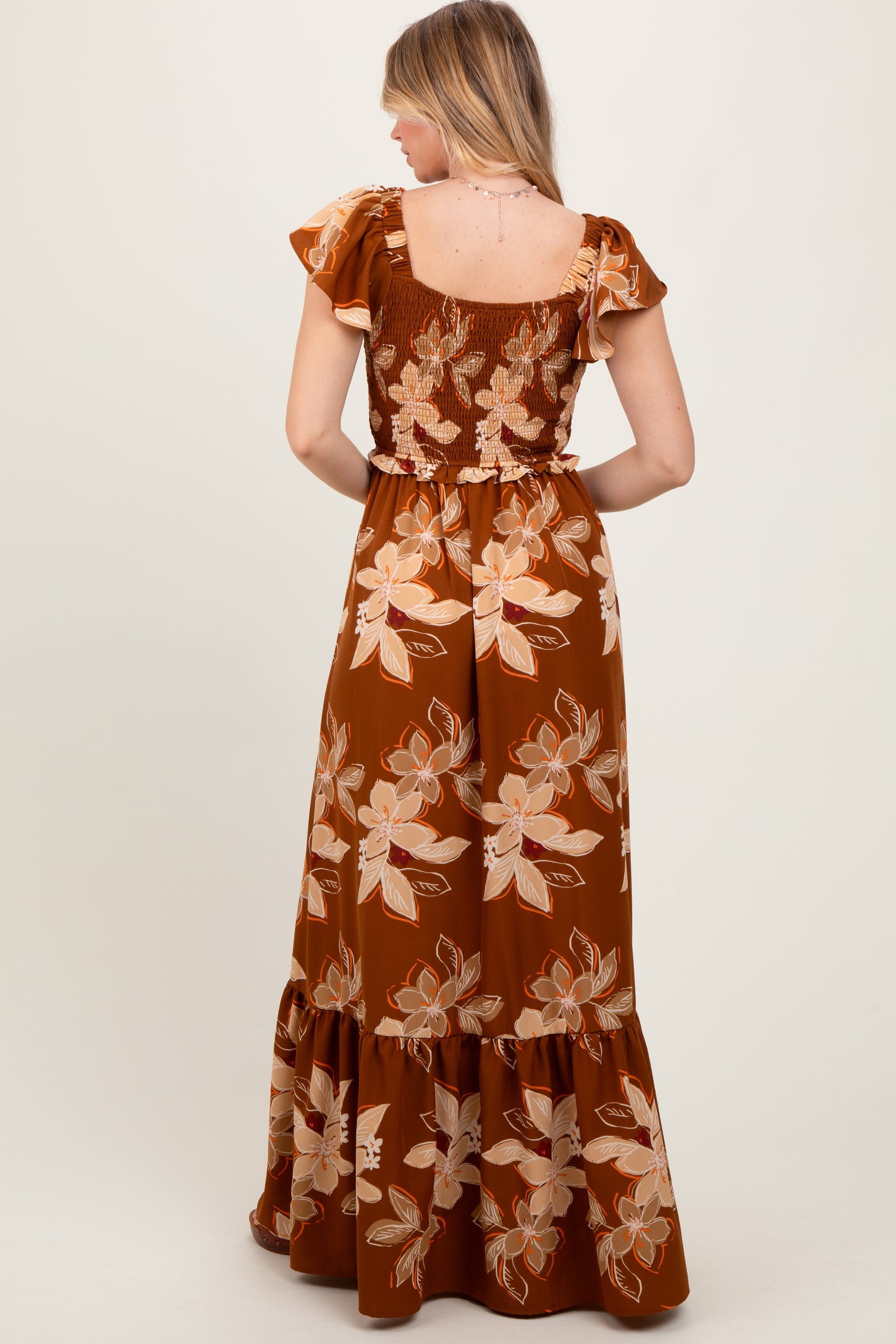 Mocha Floral Smocked Cinched Top Maxi Dress