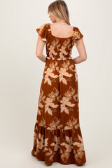 Mocha Floral Smocked Cinched Top Maxi Dress