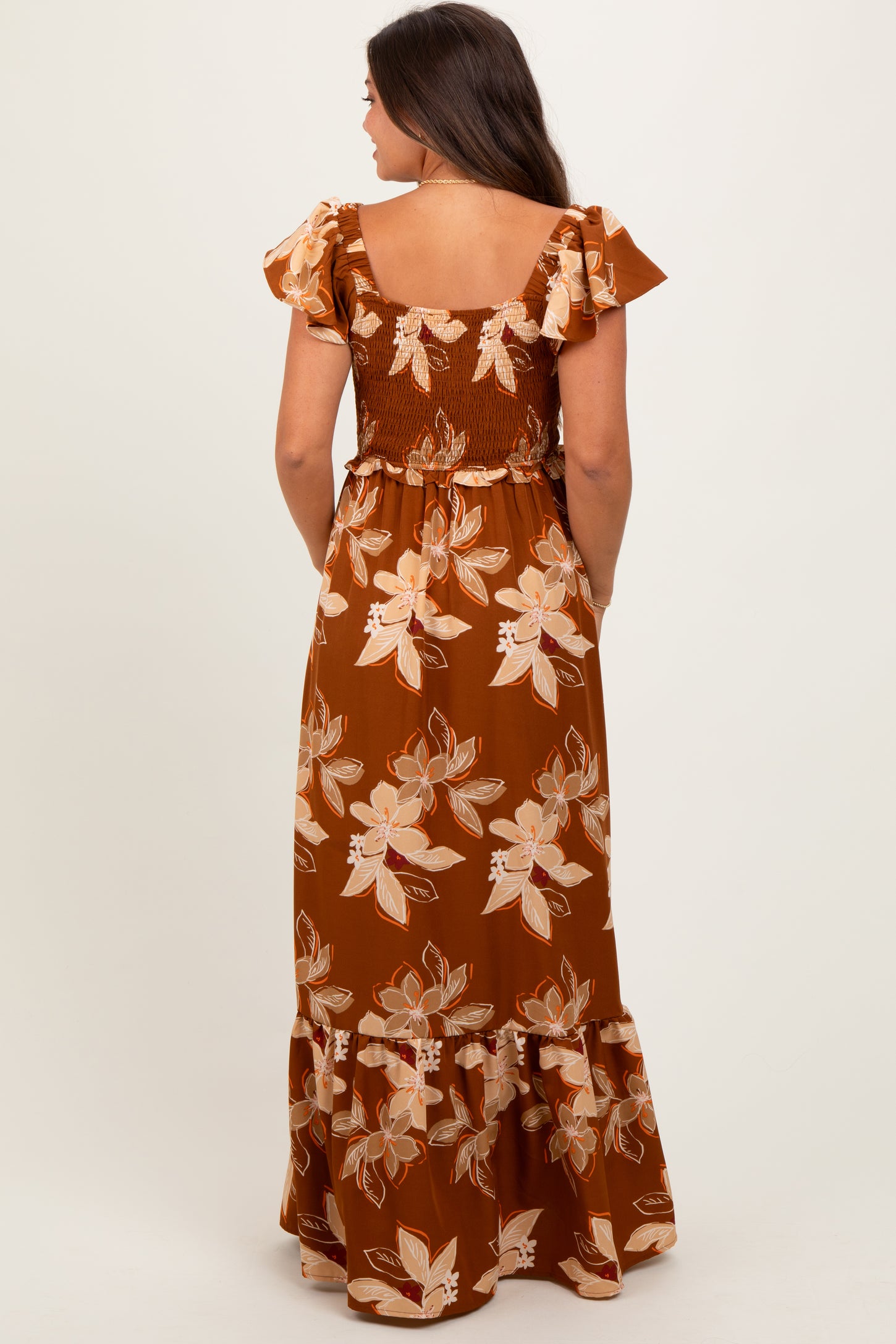 Mocha Floral Smocked Cinched Top Maternity Maxi Dress