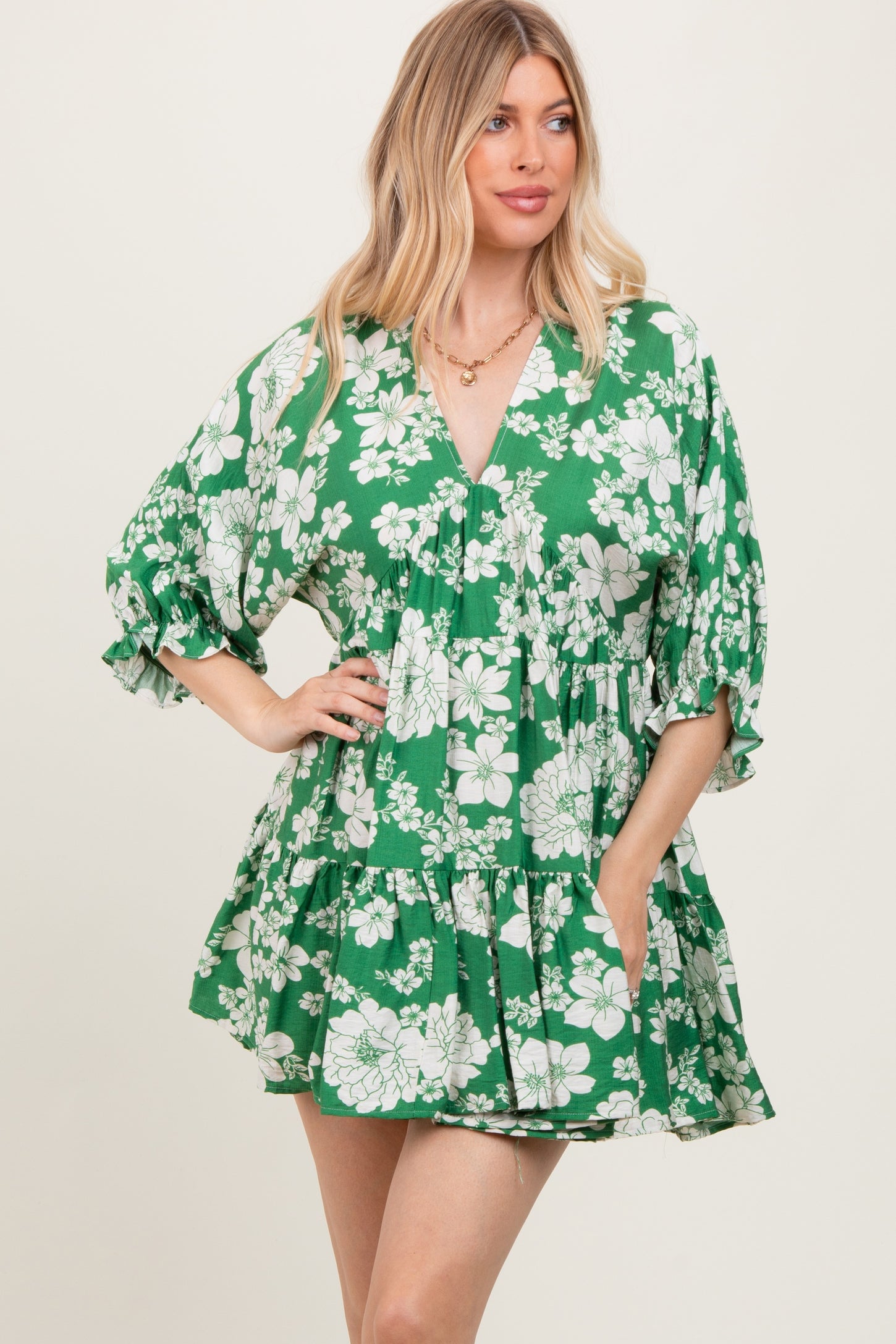 Green Floral Deep V-Neck Maternity Mini Dress