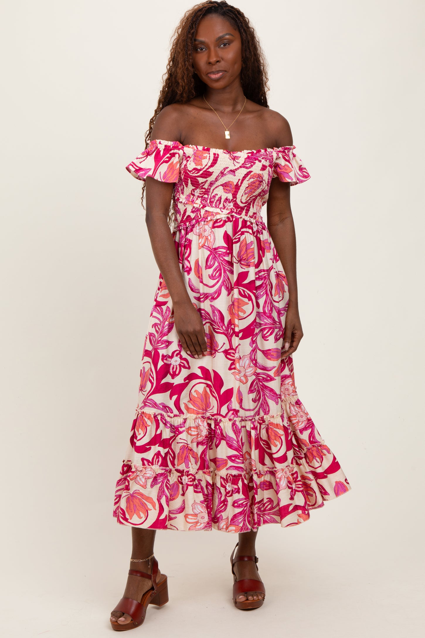 Magenta Multi Smocked Top Woven Maternity Midi Dress