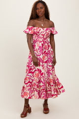 Magenta Multi Smocked Top Woven Midi Dress