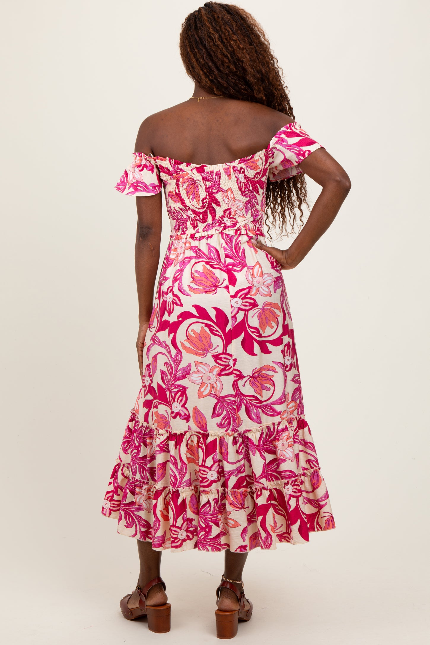 Magenta Multi Smocked Top Woven Midi Dress