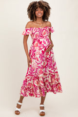 Magenta Multi Smocked Top Woven Maternity Midi Dress