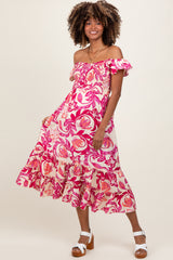 Magenta Multi Smocked Top Woven Maternity Midi Dress