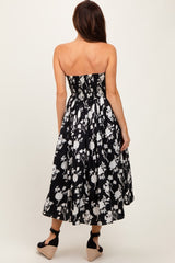 Black Floral Strapless Flare Midi Dress