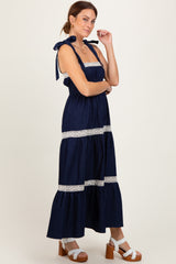 Navy Lace Trim Sleeveless Maxi Dress