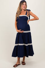 Navy Lace Trim Sleeveless Maternity Maxi Dress