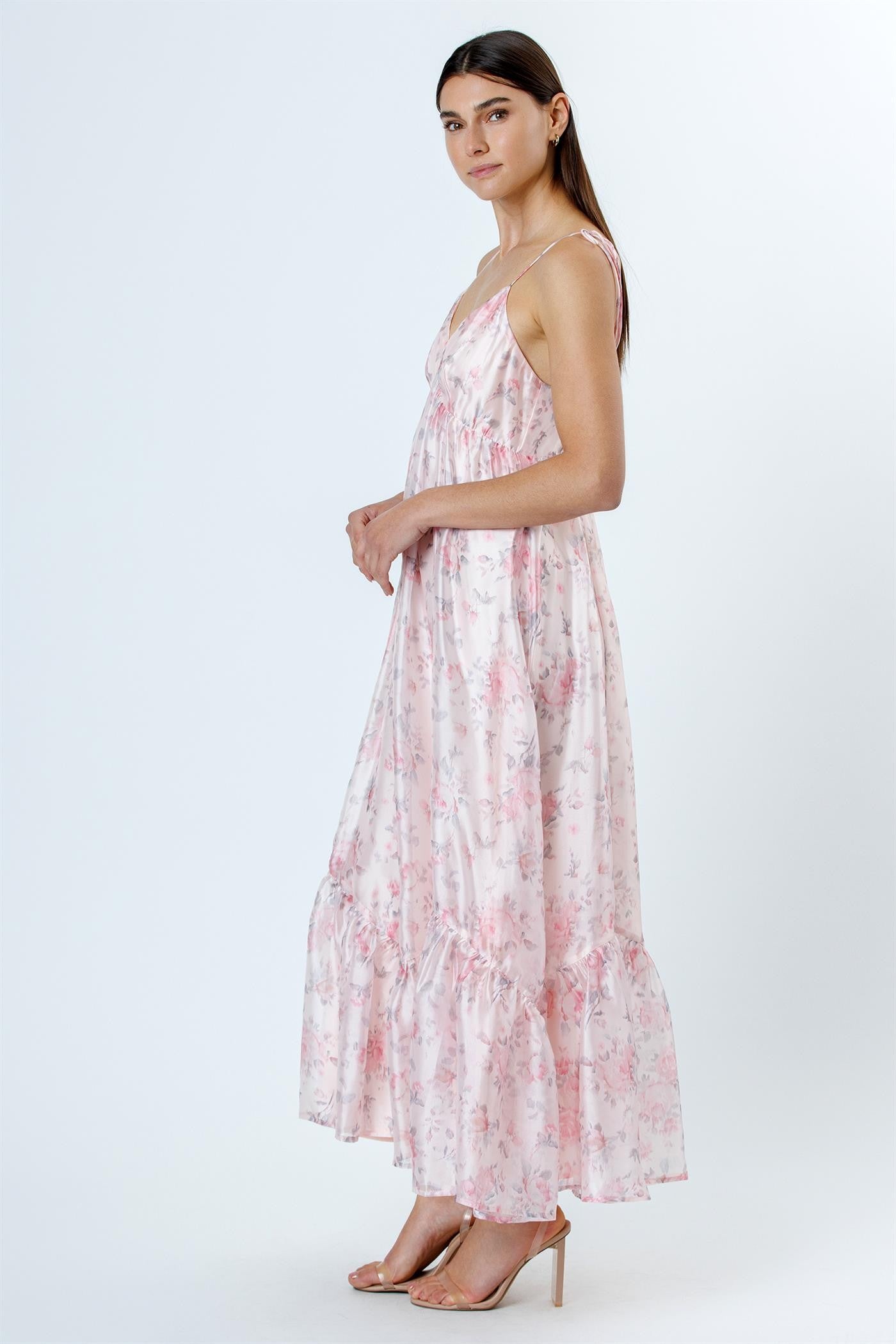 Pink Floral Satin Ruffle Hem Maxi Dress
