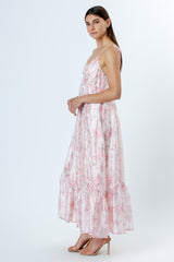 Pink Floral Satin Ruffle Hem Maxi Dress
