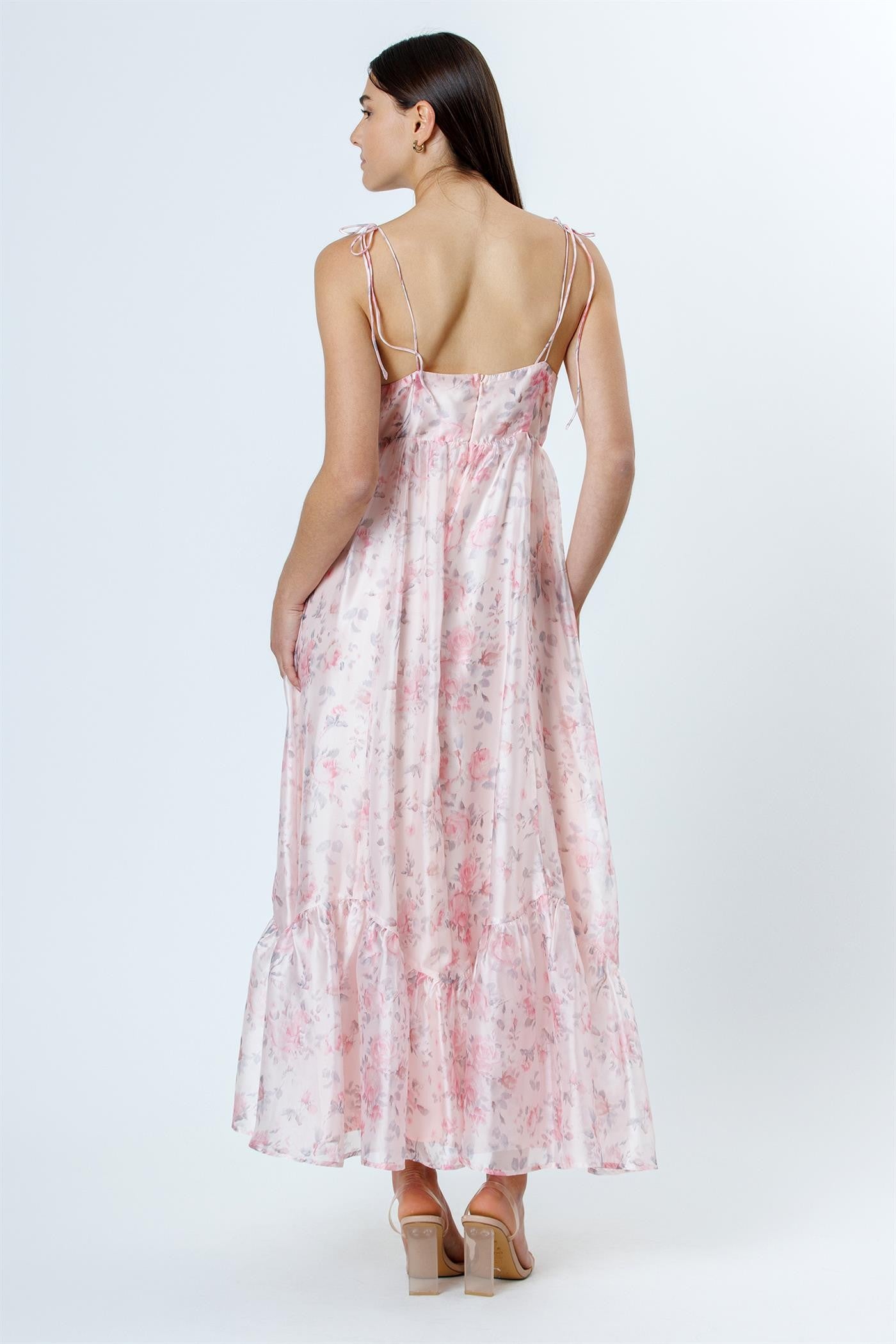 Pink Floral Satin Ruffle Hem Maxi Dress