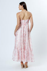 Pink Floral Satin Ruffle Hem Maxi Dress