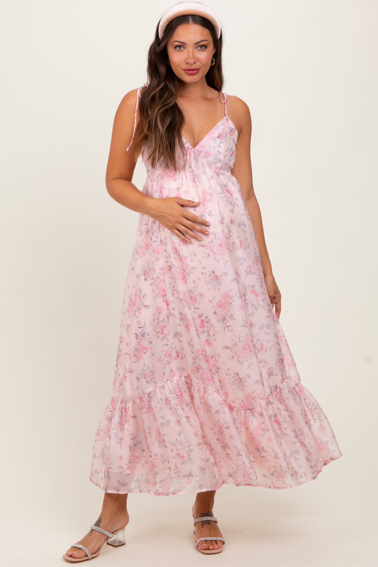 Pink Floral Satin Ruffle Hem Maternity Maxi Dress
