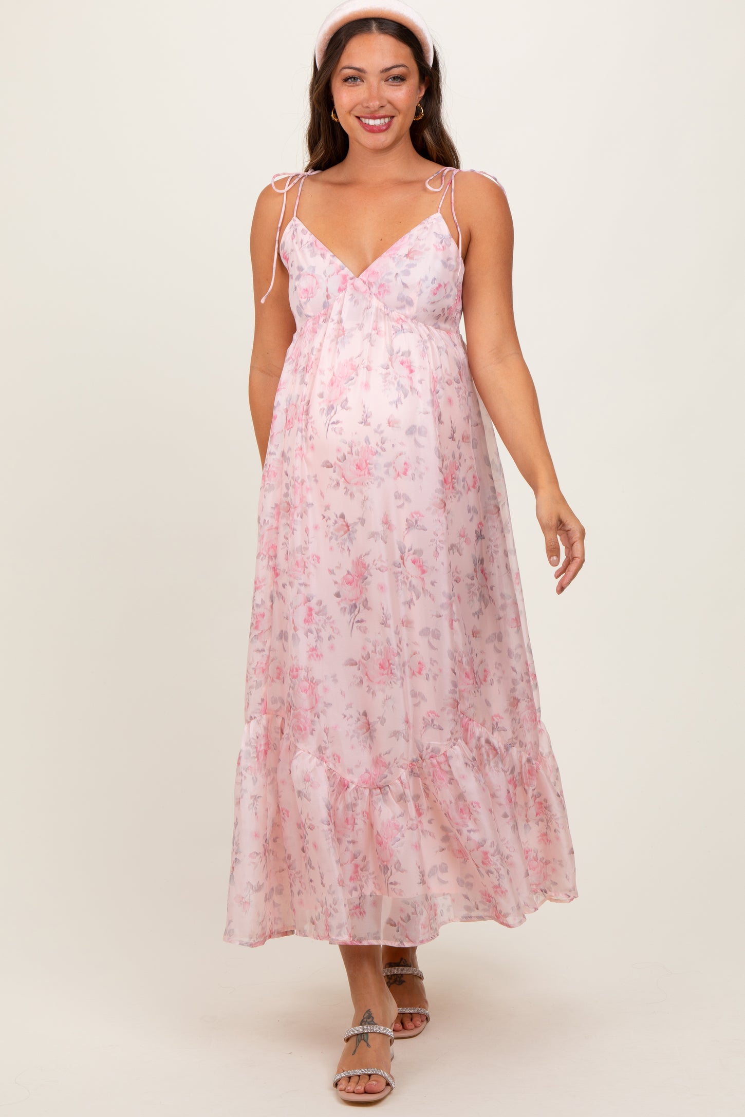 Pink Floral Satin Ruffle Hem Maternity Maxi Dress