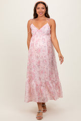 Pink Floral Satin Ruffle Hem Maternity Maxi Dress