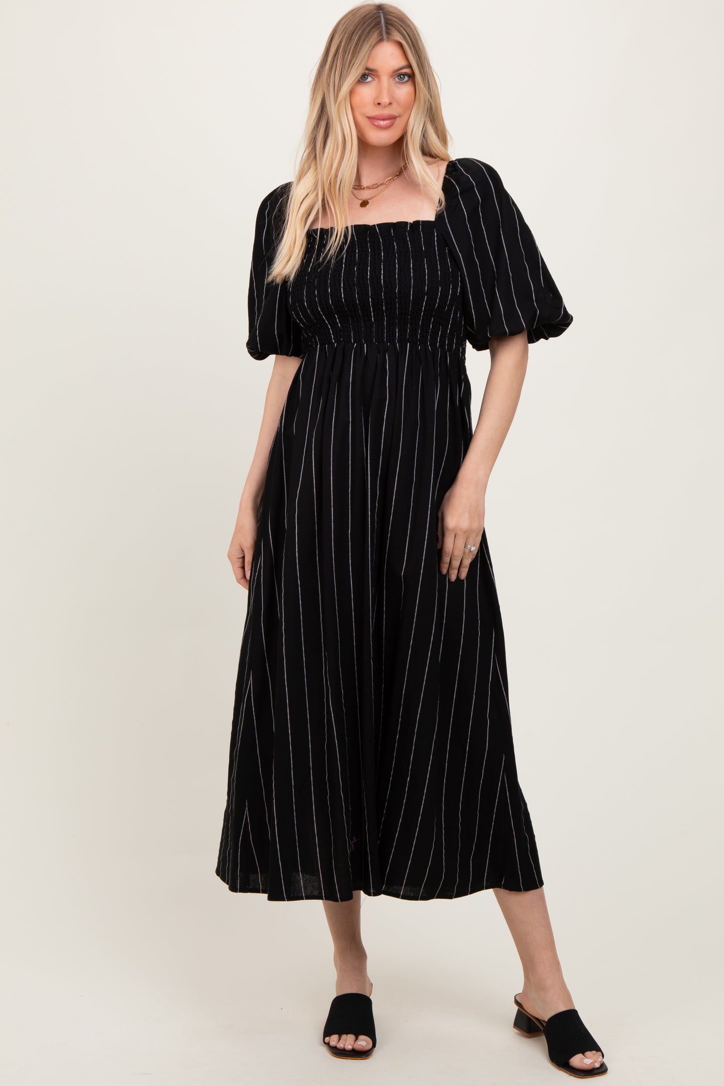 Black Linen Stripe Puff Sleeve Maternity Midi Dress