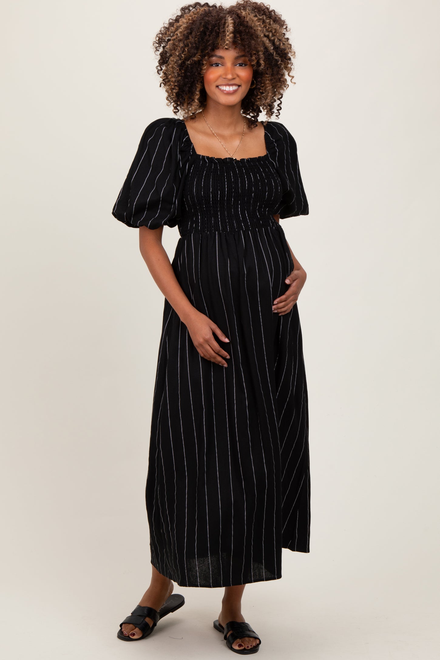 Black Linen Stripe Puff Sleeve Maternity Midi Dress