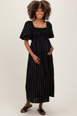 Black Linen Stripe Puff Sleeve Maternity Midi Dress