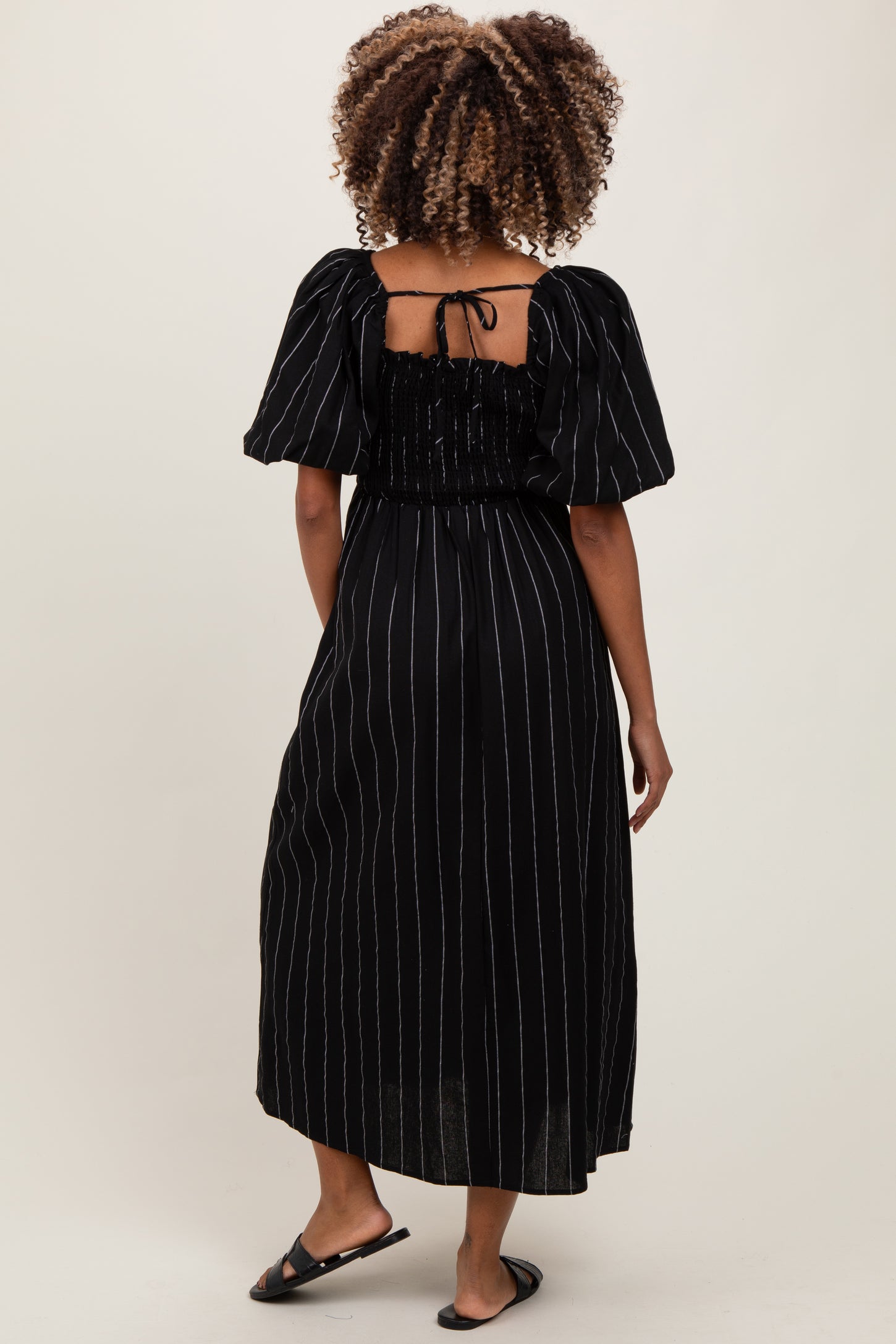 Black Linen Stripe Puff Sleeve Maternity Midi Dress