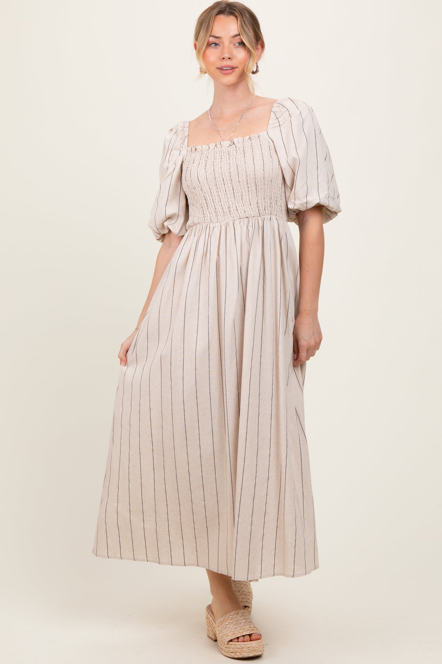 Beige Linen Stripe Puff Sleeve Maternity Midi Dress