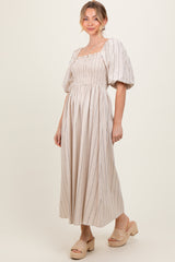 Beige Linen Stripe Puff Sleeve Midi Dress