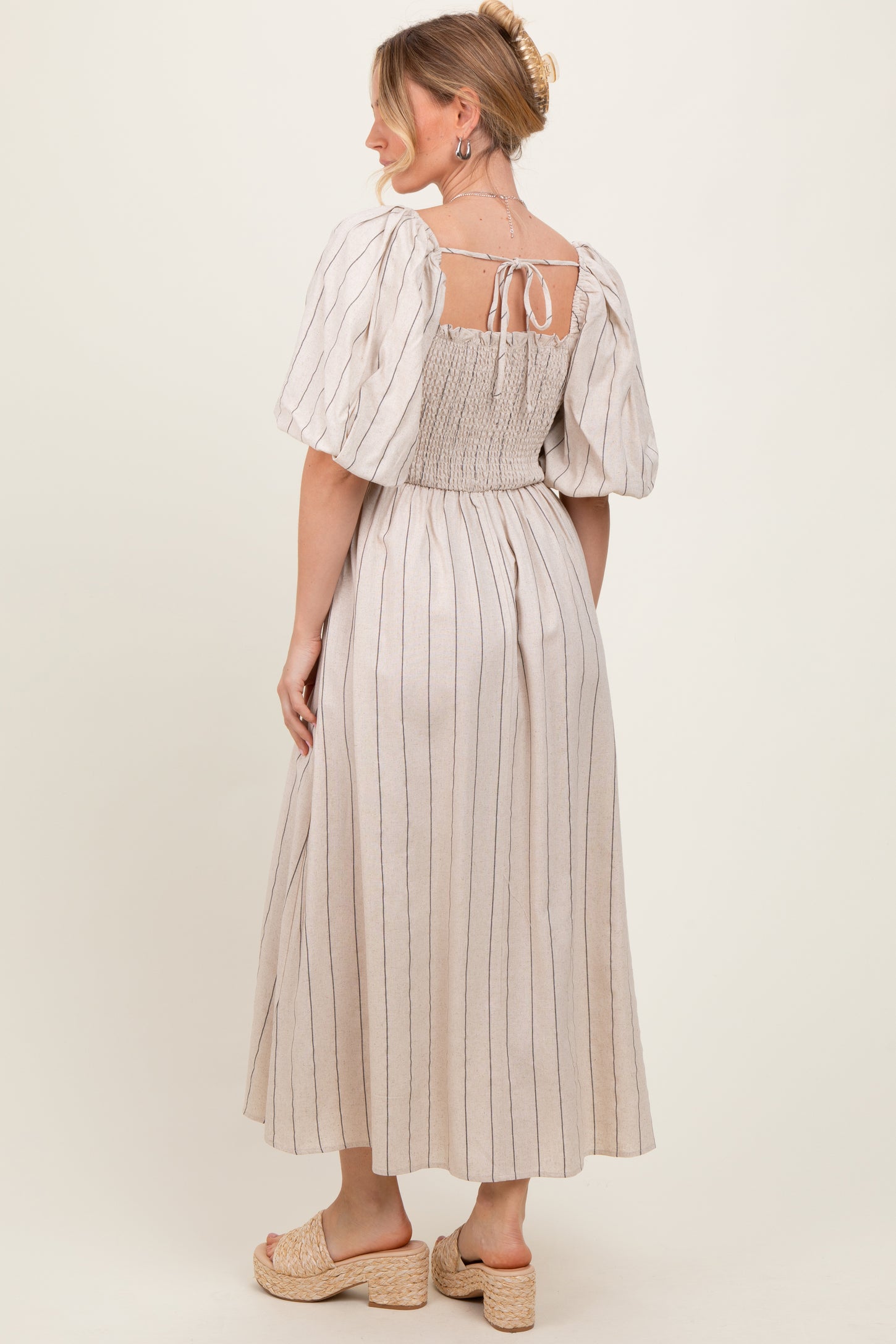 Beige Linen Stripe Puff Sleeve Midi Dress