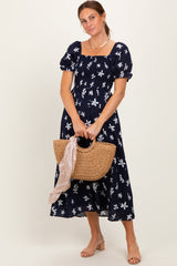 Navy Floral Puff Sleeve Midi Dress