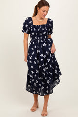 Navy Floral Puff Sleeve Midi Dress