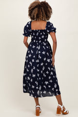 Navy Floral Puff Sleeve Maternity Midi Dress