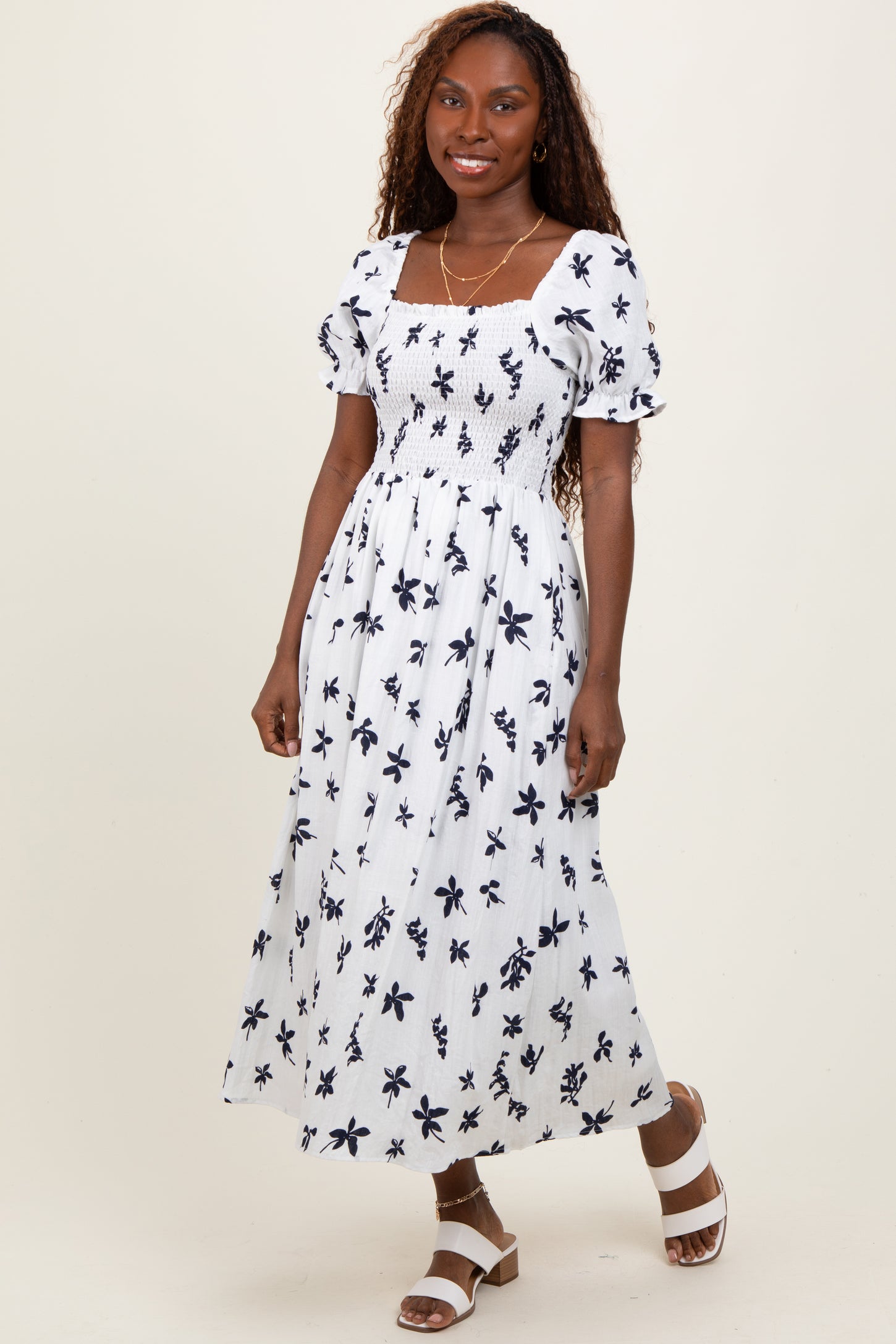Ivory Floral Puff Sleeve Maternity Midi Dress
