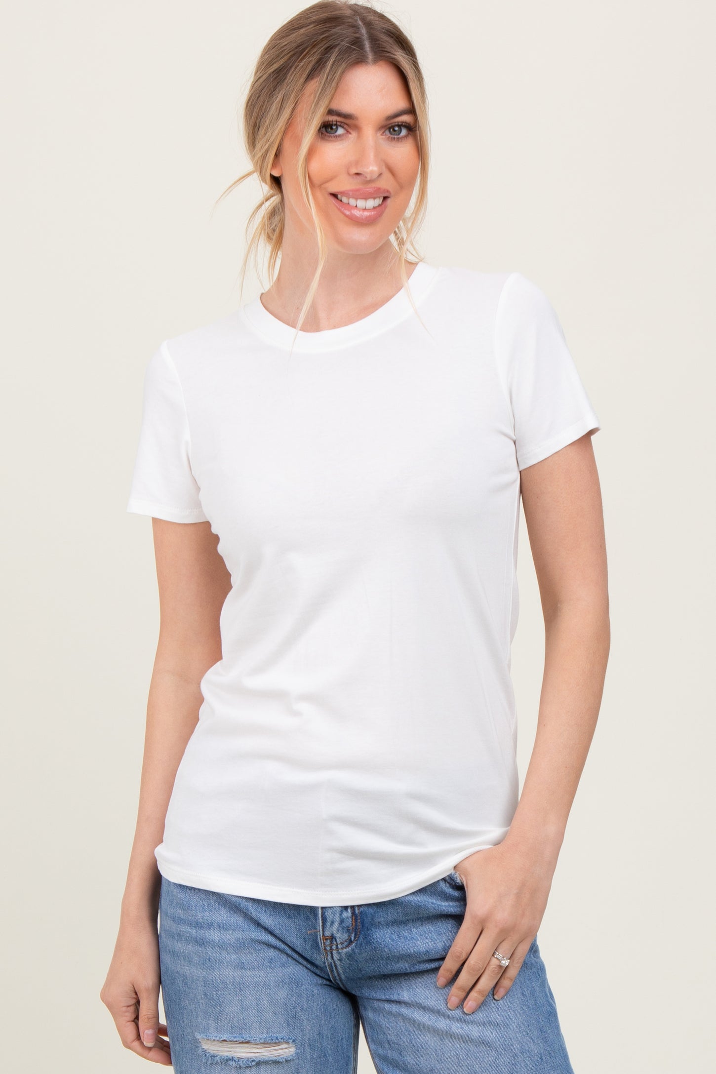 Cream Basic Crew Neck Maternity Tee