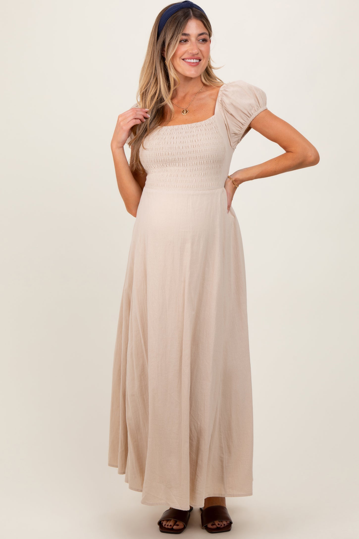 Beige Square Neck Smocked Top Criss Cross Back Tie Maternity Maxi Dress