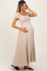 Beige Square Neck Smocked Top Criss Cross Back Tie Maternity Maxi Dress