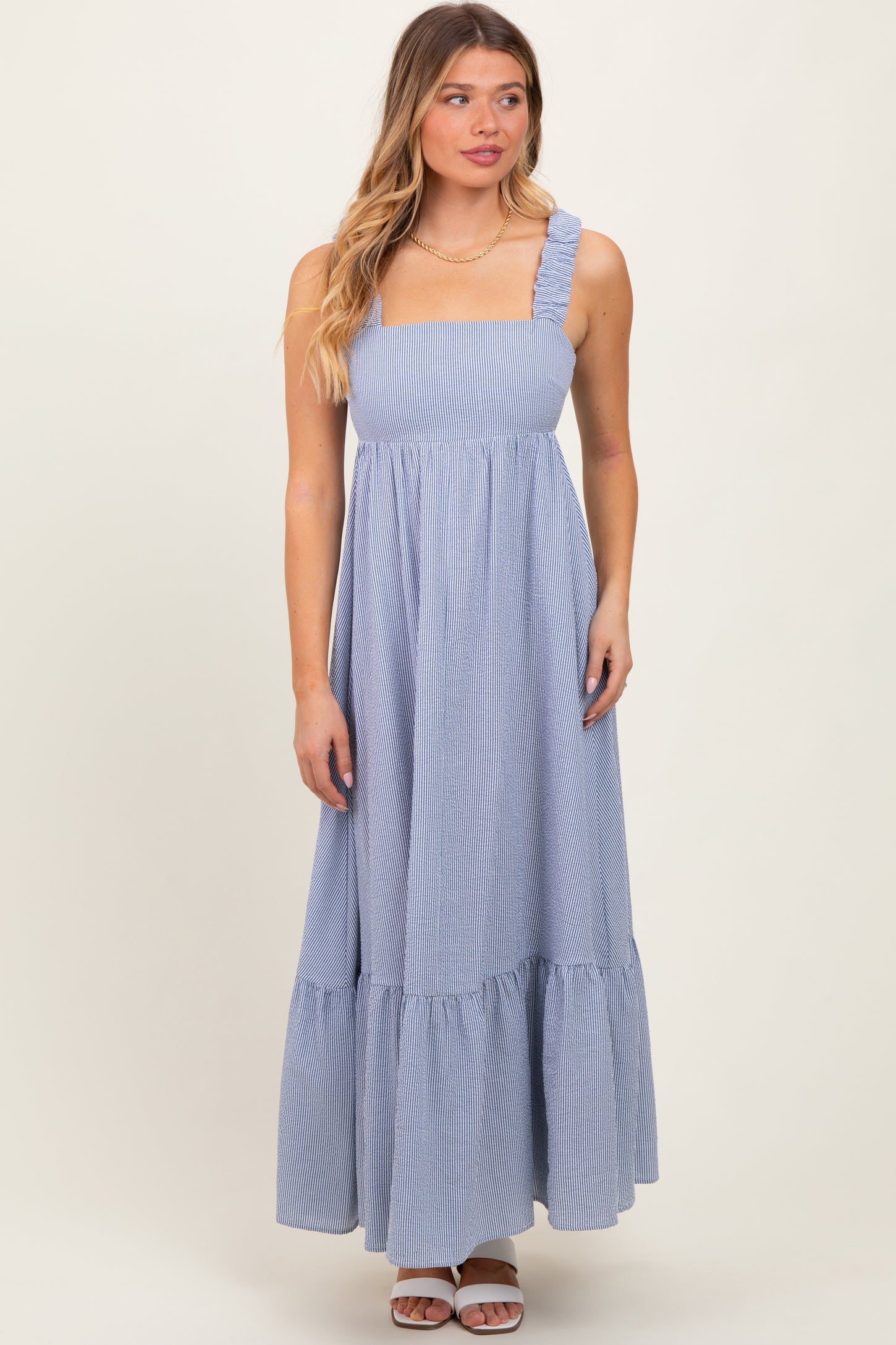 Navy Scrunch Strap Back Tie Ruffle Maxi Dress