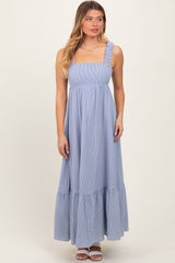 Navy Scrunch Strap Back Tie Ruffle Maxi Dress
