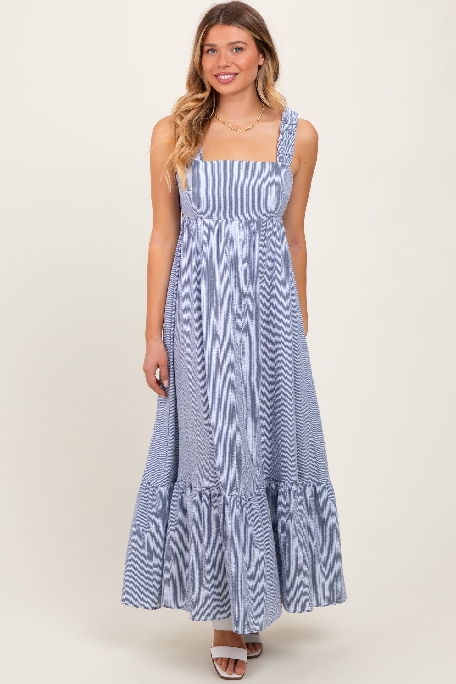 Navy Scrunch Strap Back Tie Ruffle Maxi Dress PinkBlush Navy Scrunch Strap Back Tie Ruffle Maxi Dress PinkBlush