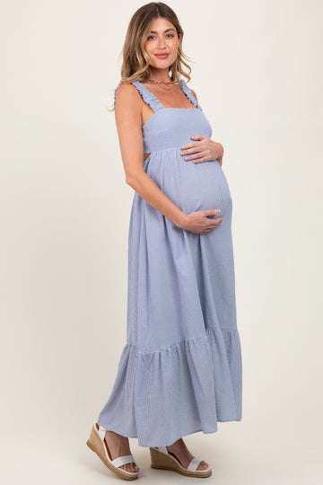 Navy Scrunch Strap Back Tie Ruffle Maternity Maxi Dress